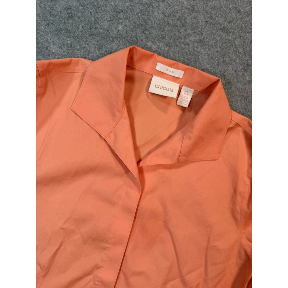 Chicos No Iron Button Down Shirt Coral Orange 3/4 Sleeve Size 0 Small